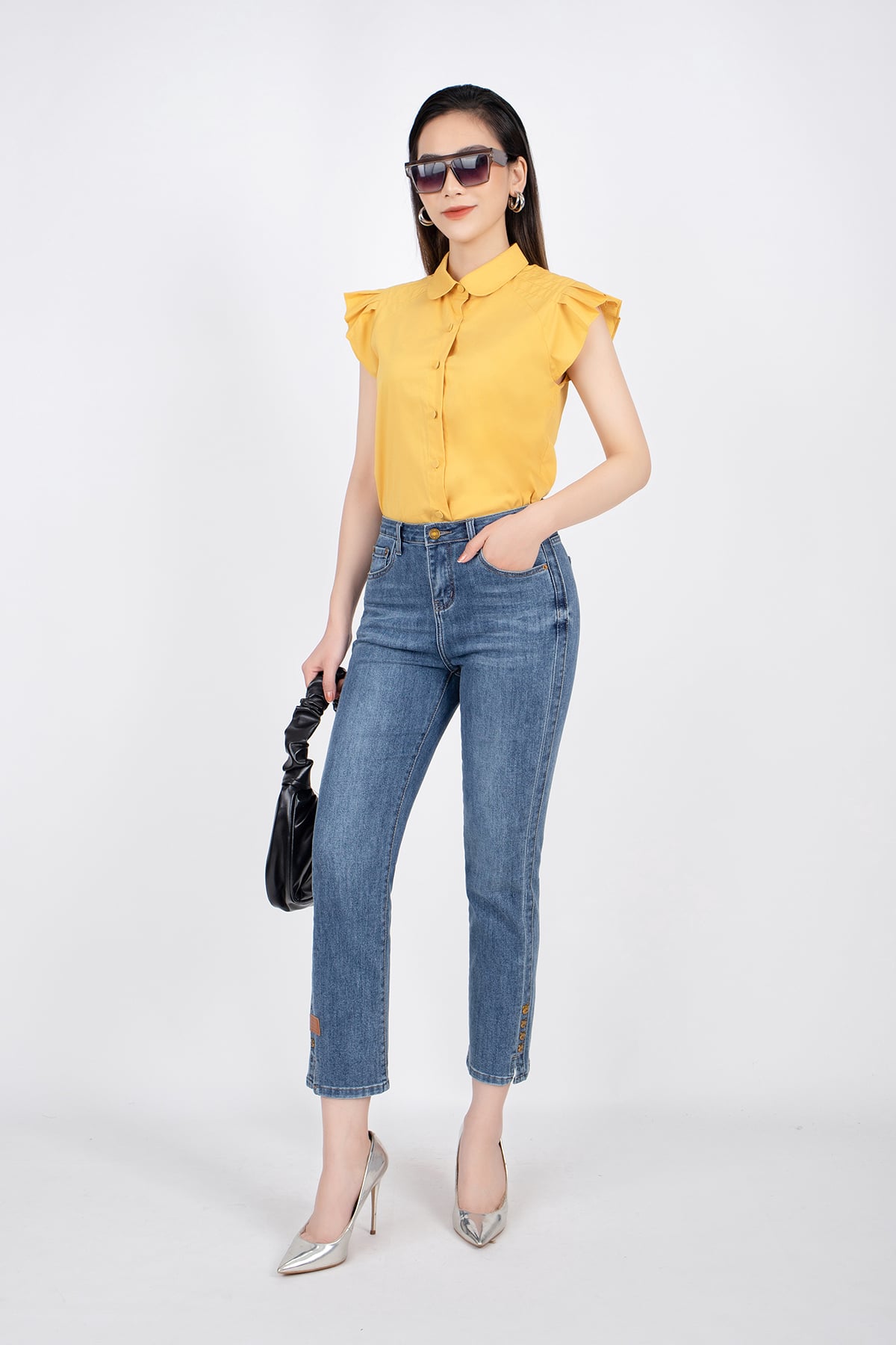 FQB123 - Quần jean dạo phố vải denim dáng ôm gấu xẻ đính khuy trang trí - PANTIO