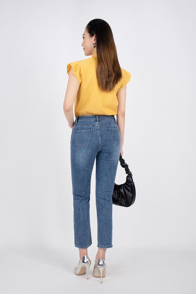 FQB123 - Quần jean dạo phố vải denim dáng ôm gấu xẻ đính khuy trang trí - PANTIO