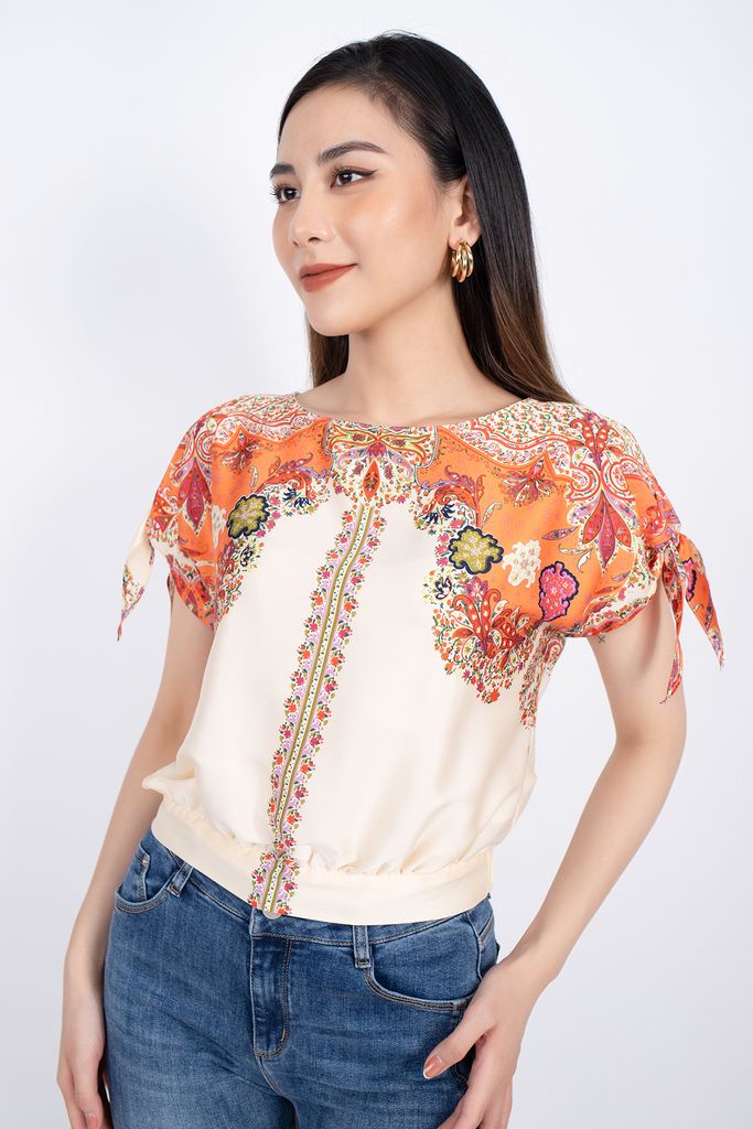 FAS33295 - Áo sơ mi công sở vải lụa dáng croptop bo chun tay tạo kiểu buộc nơ - PANTIO