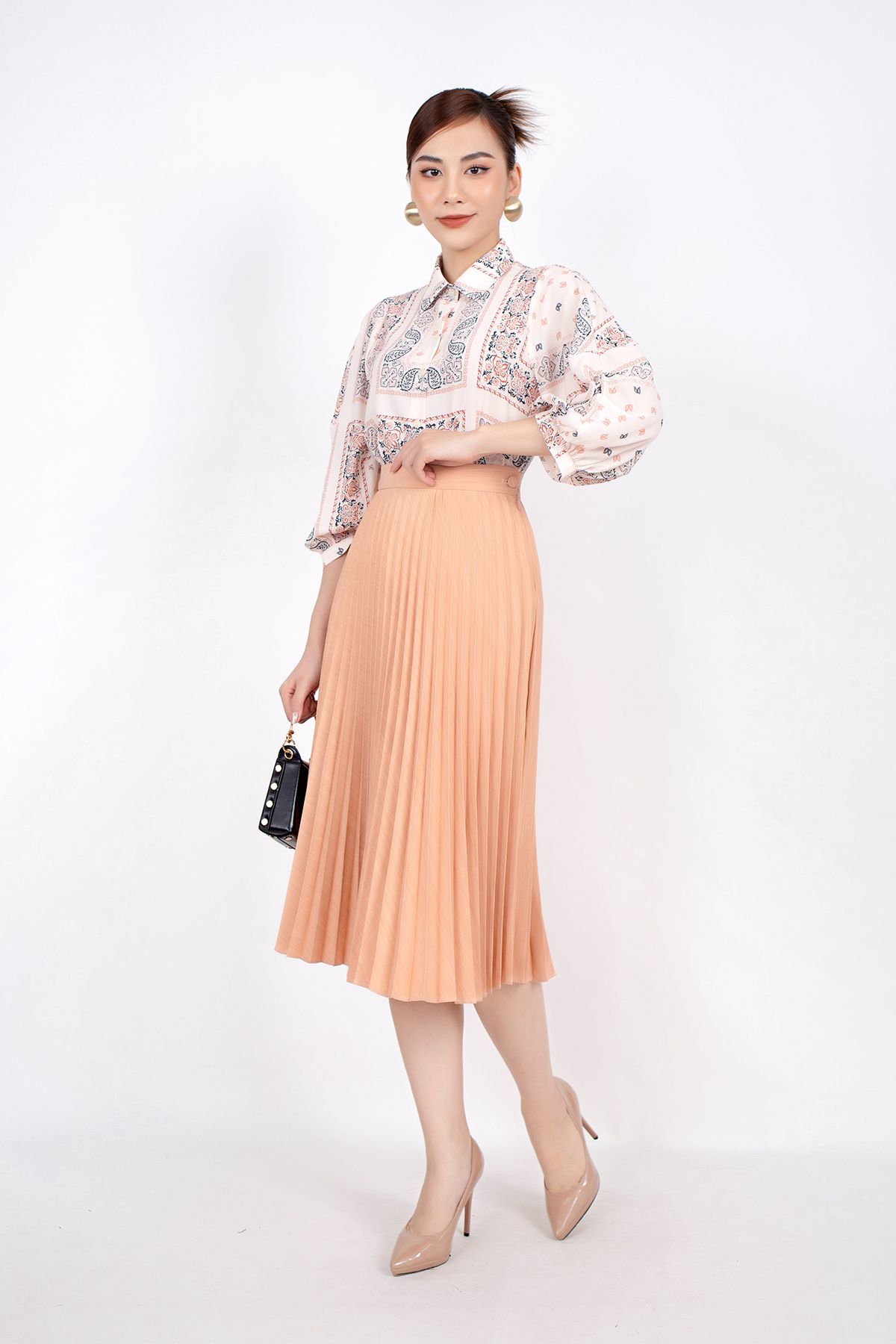 BJD32652 - Chân váy midi vải thô dáng xòe dập ly cạp rời khóa cạnh sườn dài qua gối - PANTIO