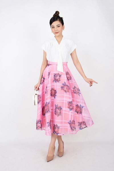 FAS33320 - Áo kiểu công sở vải lụa dáng suông cổ V xếp ly thả vạt vai liền xếp nhún - PANTIO