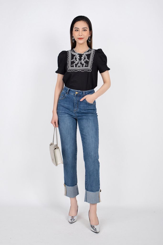 FAS33326 - Áo sơ mi công sở vải linen dáng suông tay bồng thân cổ thêu trang trí - PANTIO