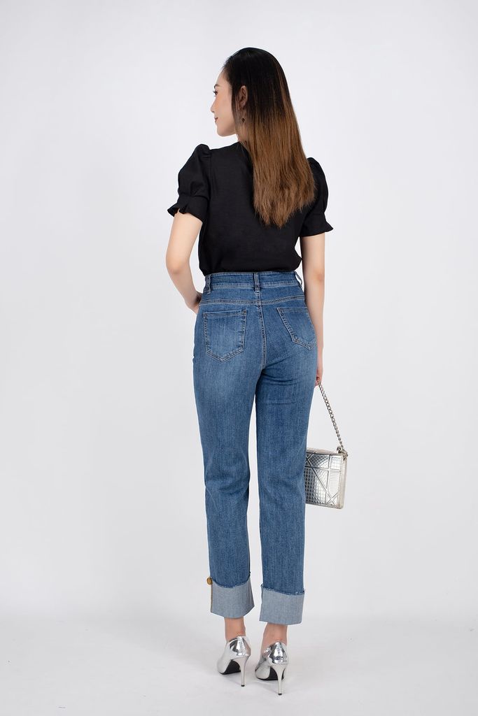 FAS33326 - Áo sơ mi công sở vải linen dáng suông tay bồng thân cổ thêu trang trí - PANTIO