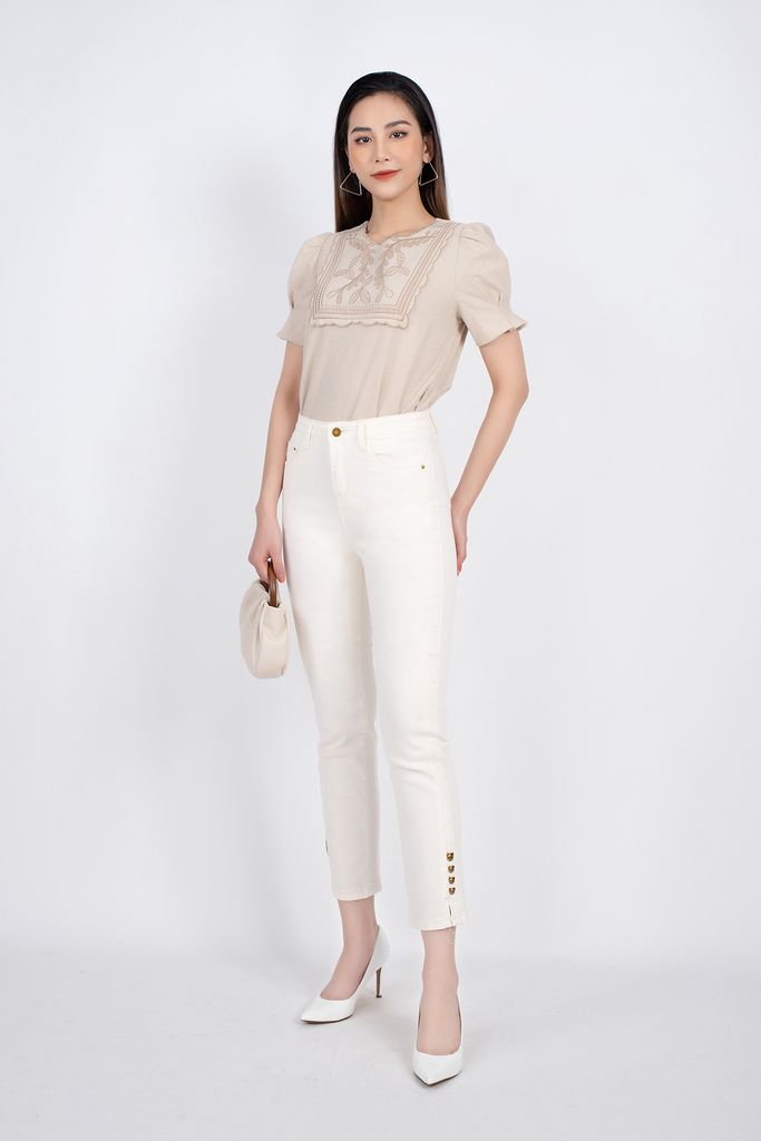 Áo sơ mi linen ngắn tay cổ V kẻ sọc một bên  NU3185  ShopperBoard