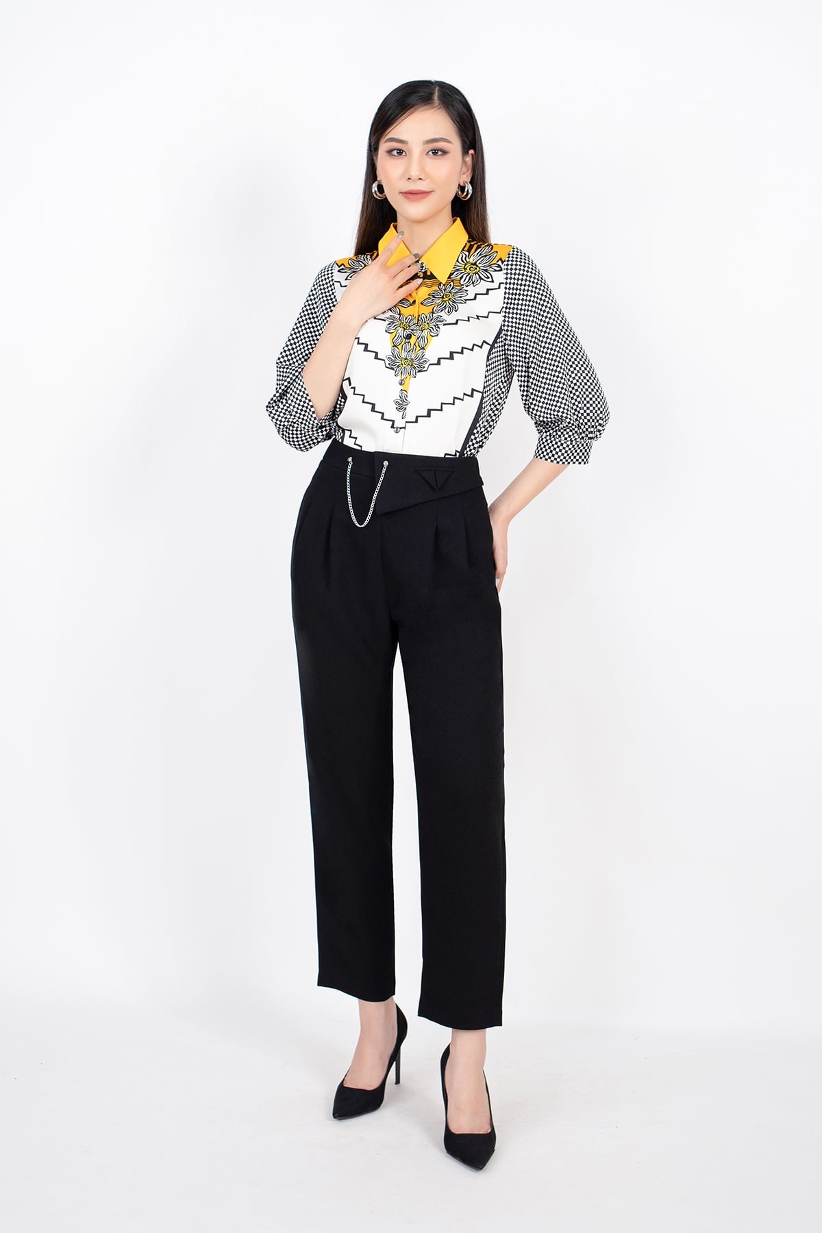 FAS33329 - Áo sơ mi công sở vải lụa dáng suông cổ đức pha vải màu tay bồng lỡ - Pantio.vn