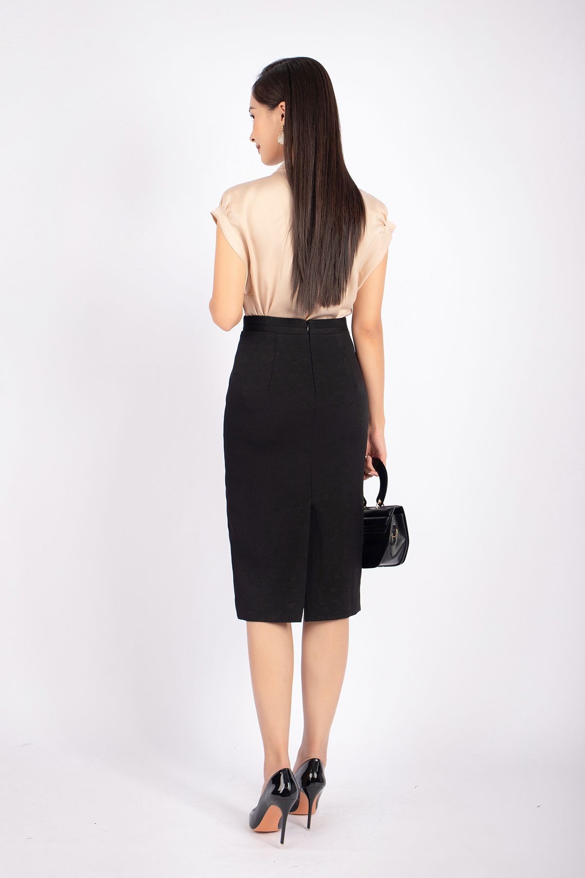 FJD3990 - Chân váy midi công sở vải thô dáng bút chì dài qua gối cạp liền phối dây tết tạo kiểu - PANTIO