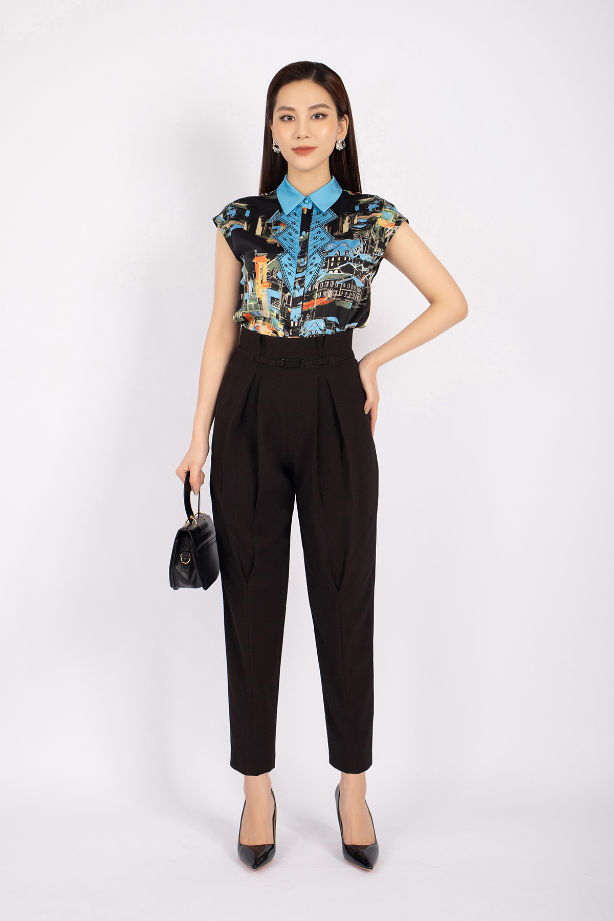 FQL5491 - Quần công sở vải thô dáng baggy cạp phối đai kim loại trang trí ống xếp nếp tạo kiểu - PANTIO