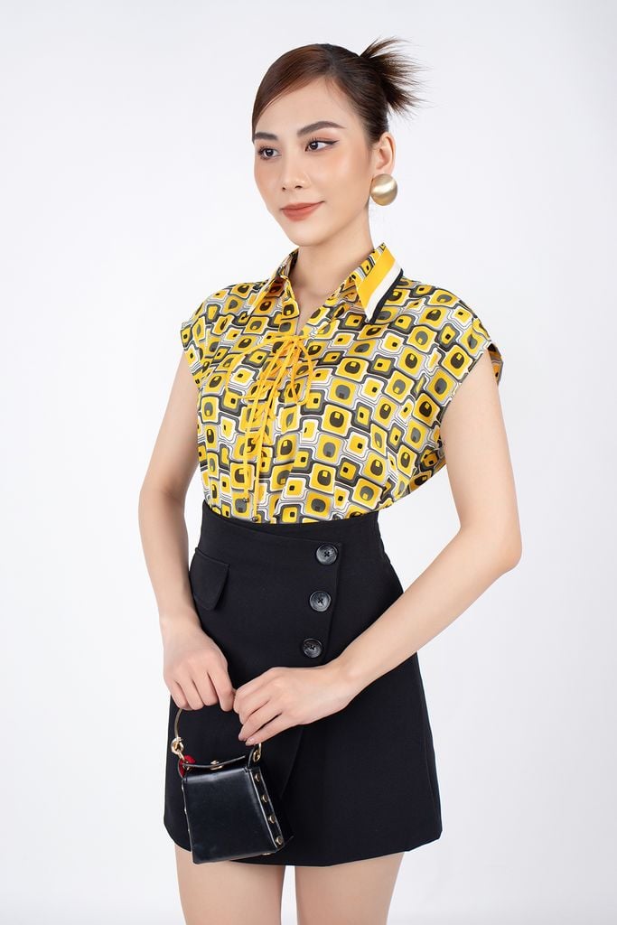 FAS33338 - Áo kiểu công sở vải lụa dáng suông cổ đức đan dây trang trí vai chờm - PANTIO
