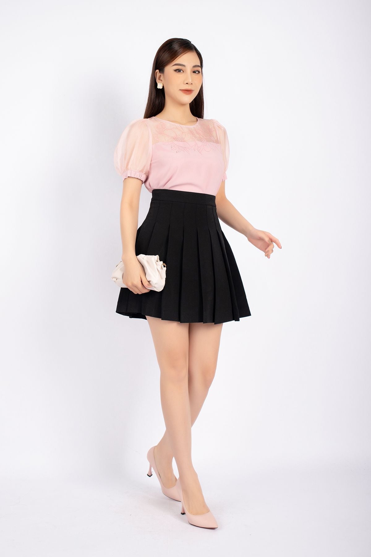 FJN1663 - Chân váy midi công sở vải tuytsi dáng Xoè xếp ly khóa thân sau - PANTIO