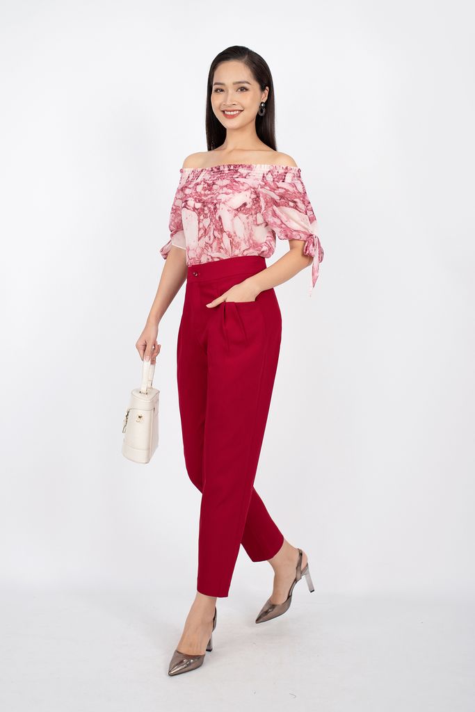 FAS33354 - Áo kiểu dạo phố vải chiffon dáng suông vai trễ bo chun tay buộc nơ tạo kiểu - PANTIO