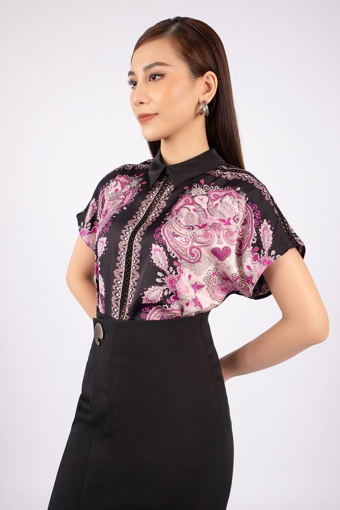 FAS33362 - Áo kiểu công sở vải lụa dáng suông cổ đức vai chờm tay liền - PANTIO