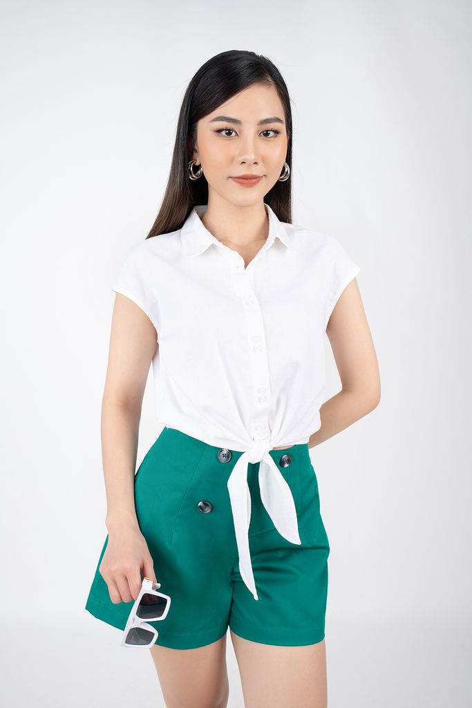 FAS53581 - Áo sơ mi dạo phố vải thô dáng croptop cổ đức vai chờm buộc eo - PANTIO