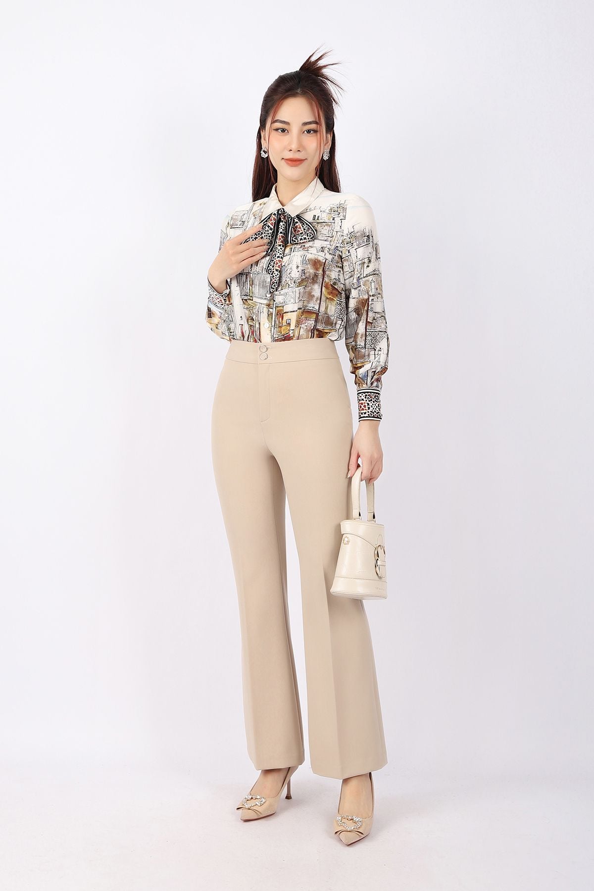 BQD12716 - Quần công sở vải tuytsi dáng ôm ống loe nhẹ cạp rời phối hai cúc - PANTIO