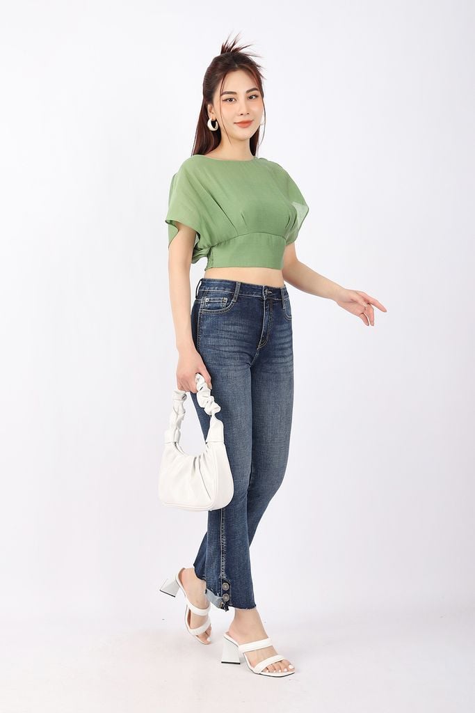 FAS33468 - Áo kiểu công sở vải tơ dáng croptop cạp eo vai chờm tay liền - PANTIO