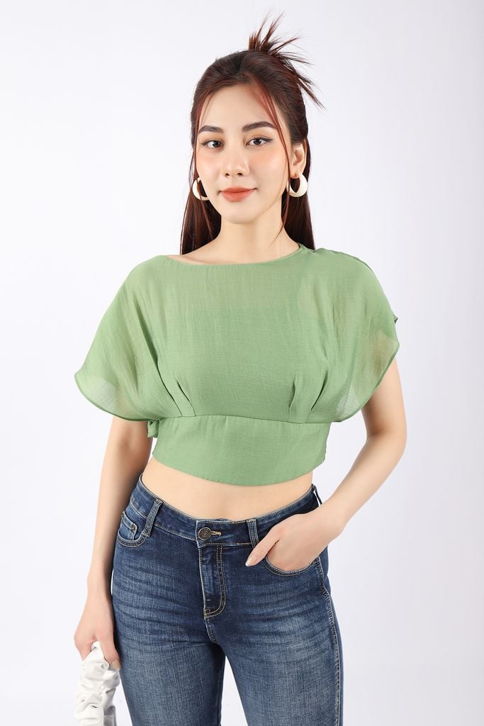 FAS33468 - Áo kiểu công sở vải tơ dáng croptop cạp eo vai chờm tay liền - PANTIO