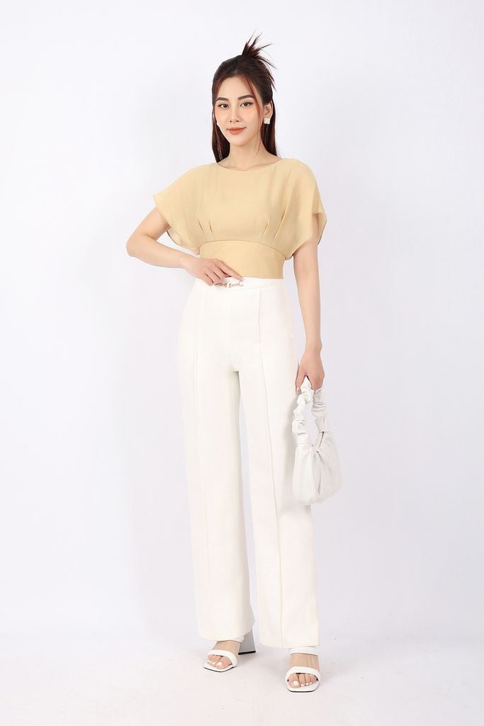 FAS33468 - Áo kiểu công sở vải tơ dáng croptop cạp eo vai chờm tay liền - PANTIO