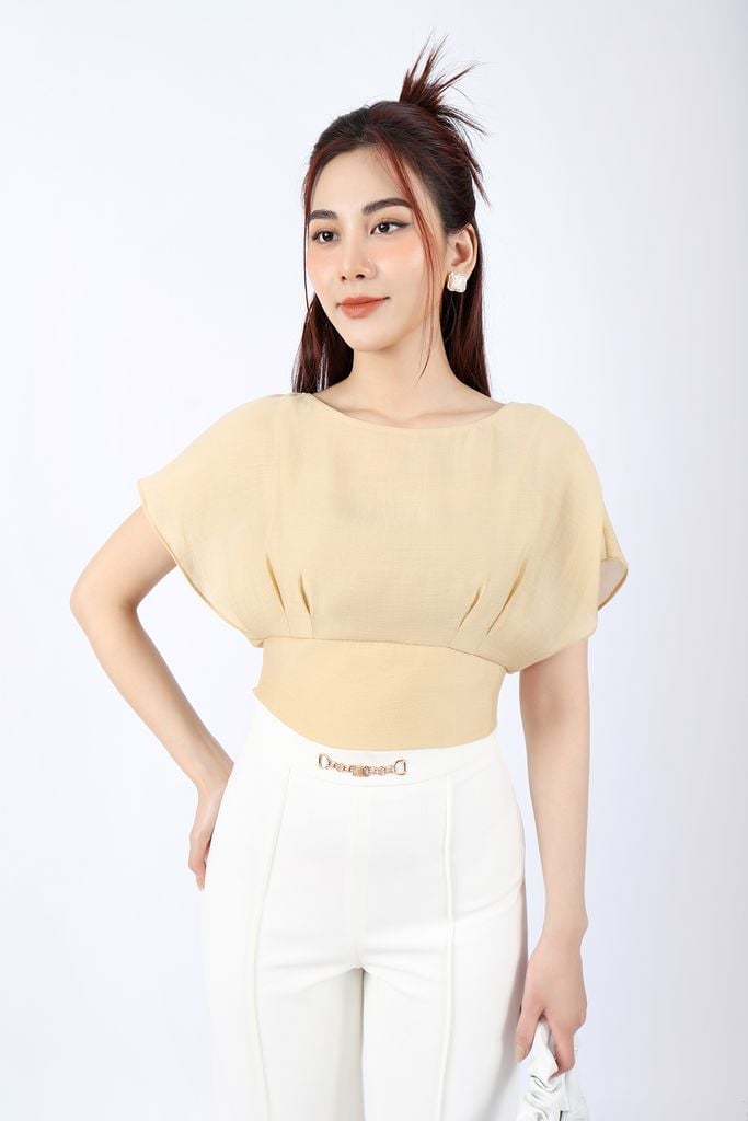 FAS33468 - Áo kiểu công sở vải tơ dáng croptop cạp eo vai chờm tay liền - PANTIO