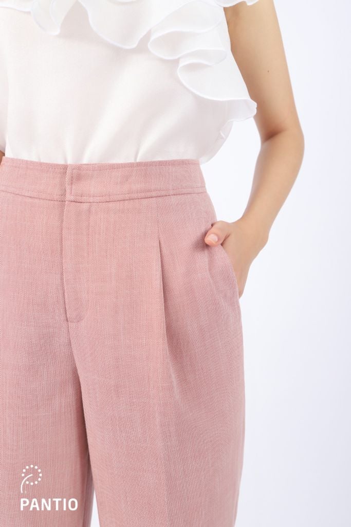 BQD52843 - Quần công sở vải thô đũi dáng baggy cạp rời thân phối li bong ống đứng - PANTIO