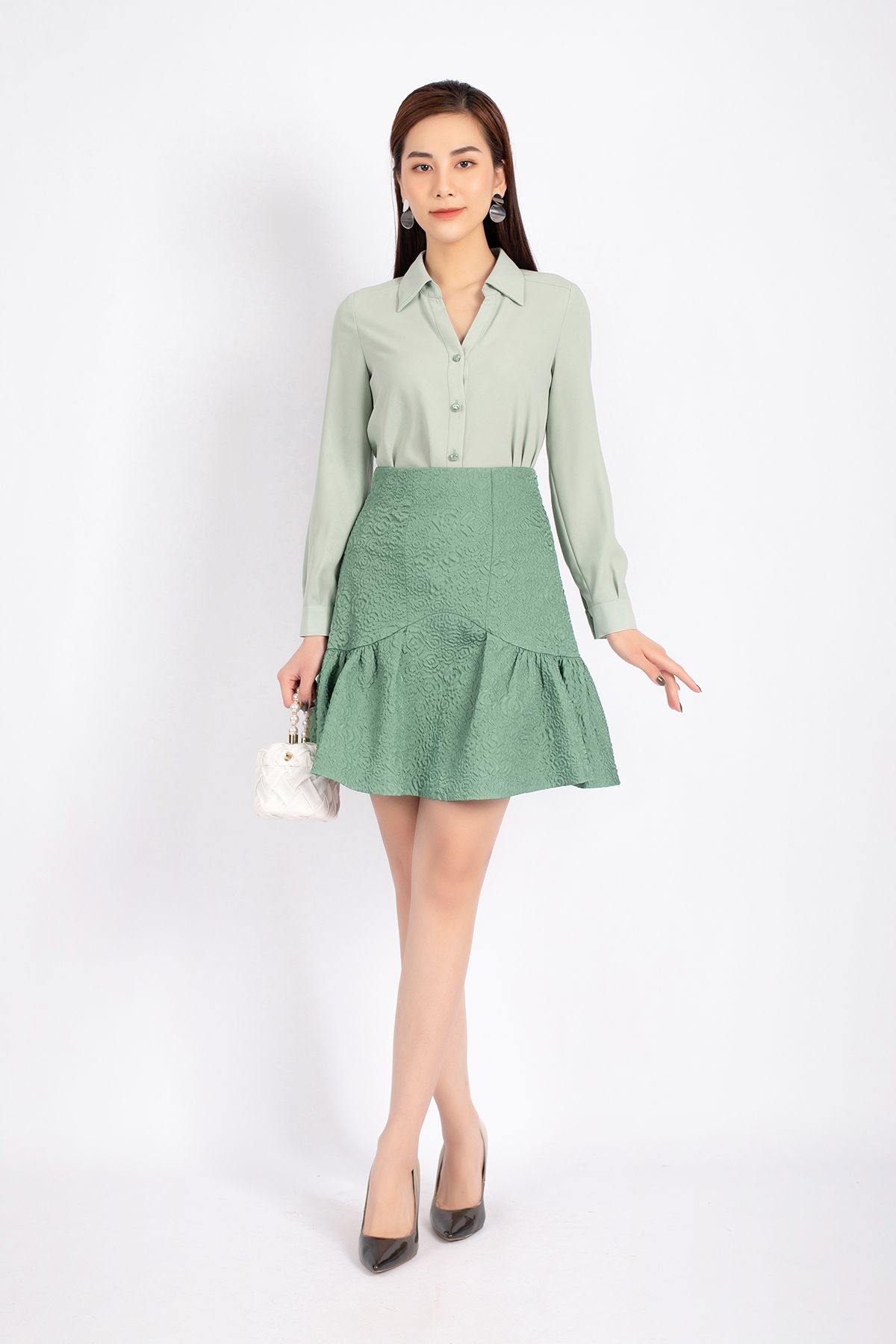 FJN3669 - Chân váy công sở vải gấm xốp dáng Xoè chân xếp nếp tạo kiểu khóa sườn - PANTIO