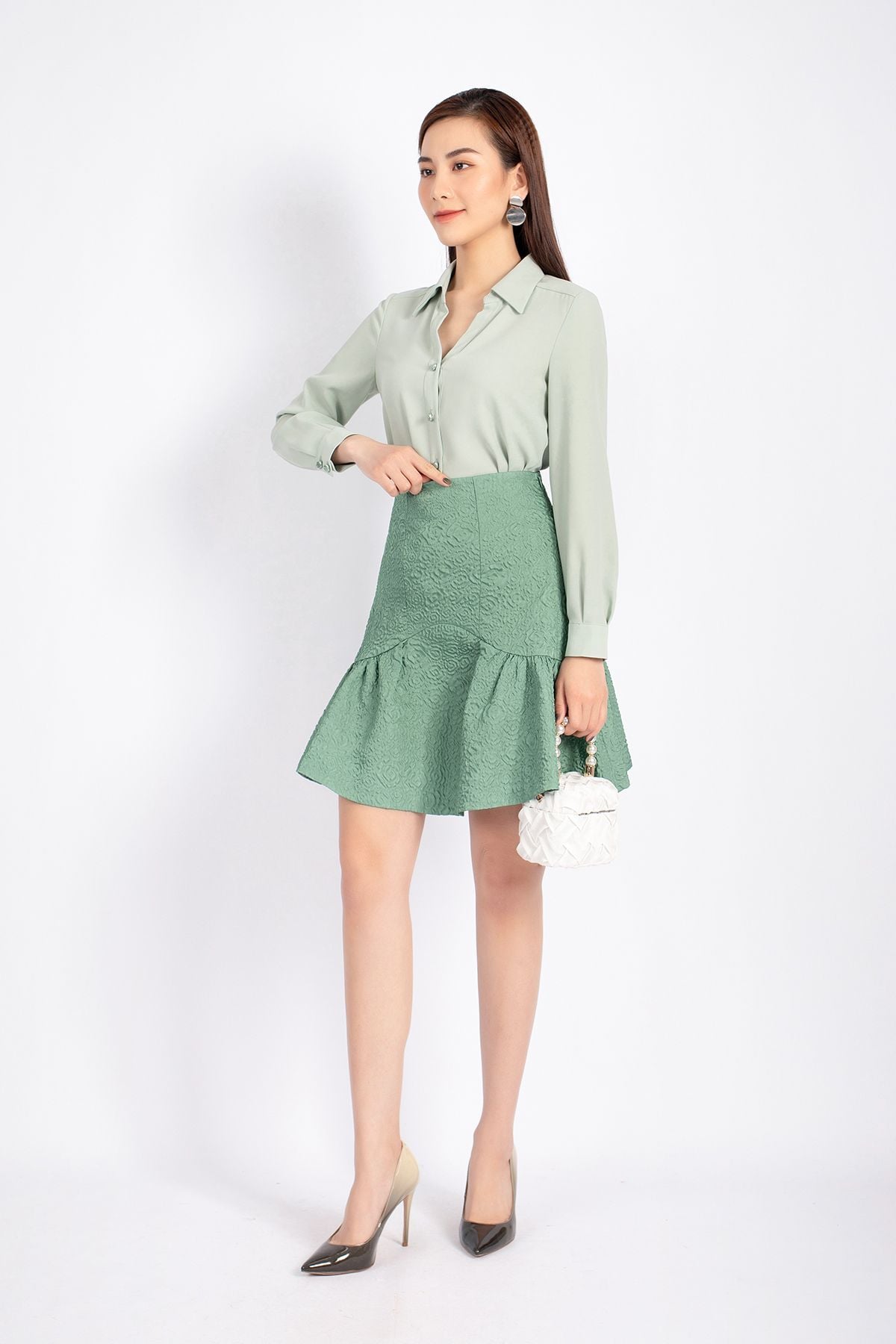 FJN3669 - Chân váy công sở vải gấm xốp dáng Xoè chân xếp nếp tạo kiểu khóa sườn - PANTIO