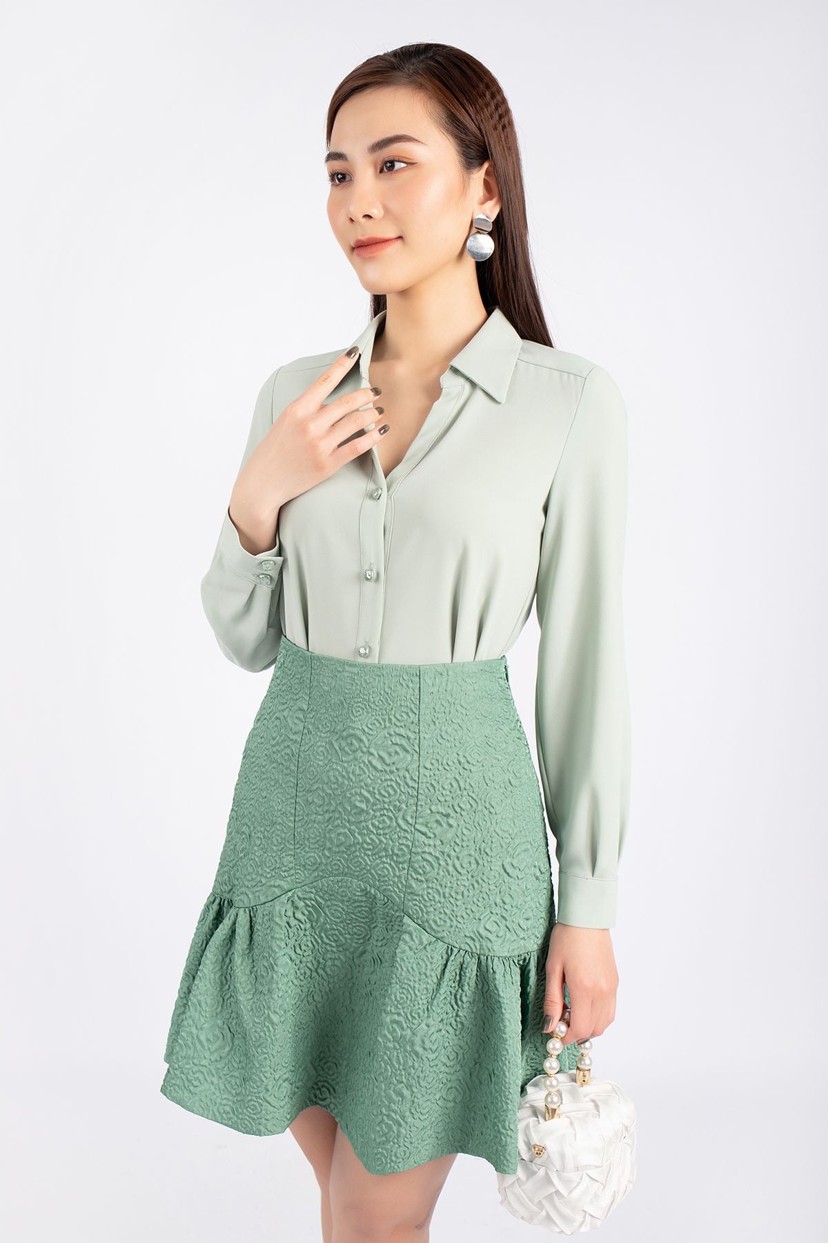 FJN3669 - Chân váy công sở vải gấm xốp dáng Xoè chân xếp nếp tạo kiểu khóa sườn - PANTIO