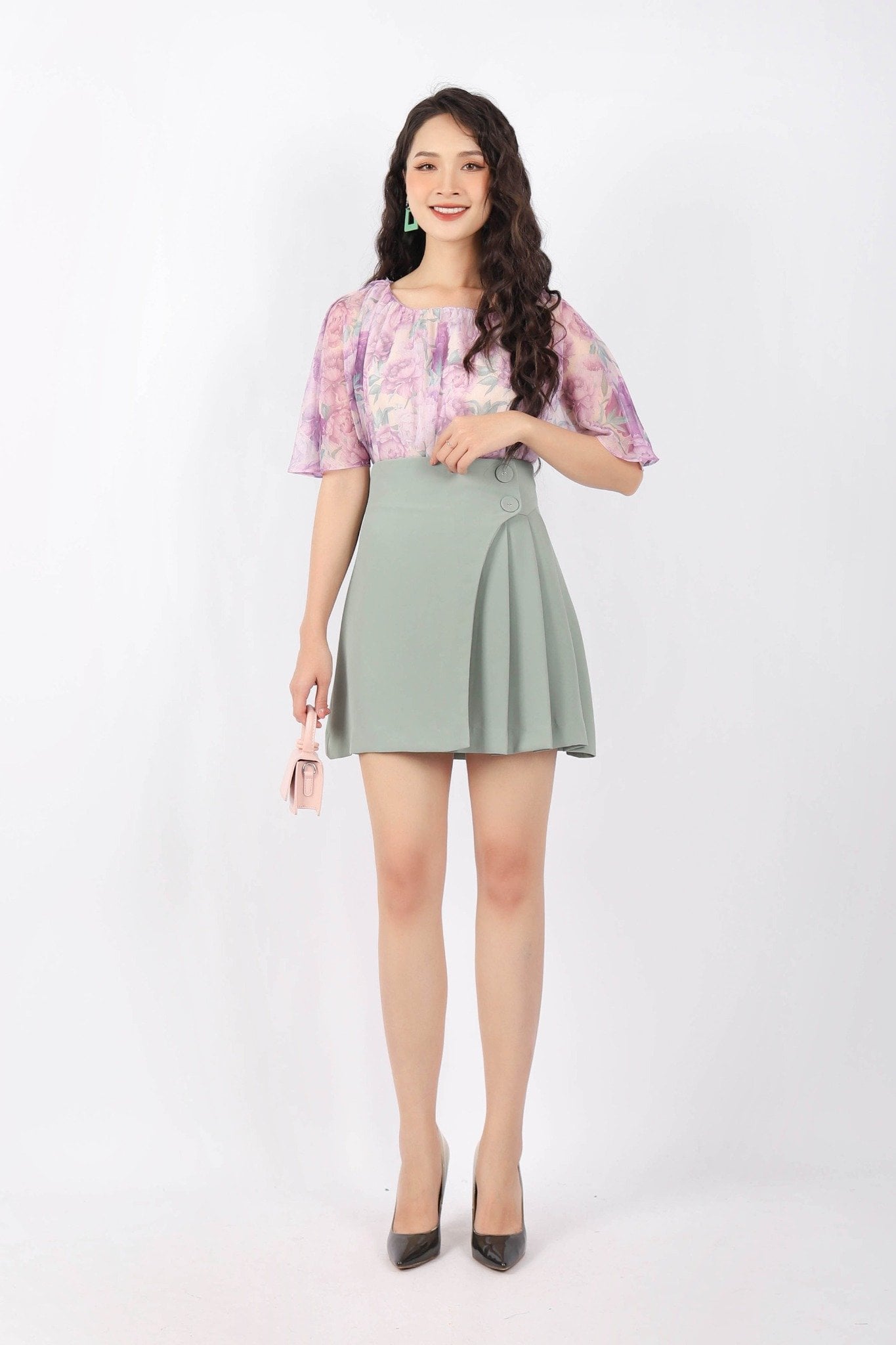 FAS33473 - Áo kiểu công sở vải voan dáng suông cổ tròn xếp nhún thân hai lớp tay Xoè nhẹ - PANTIO