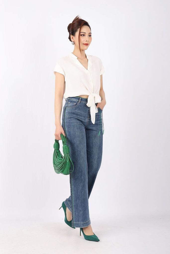 FAS33482 - Áo kiểu công sở vải thô lụa dáng croptop buộc nơ eo cổ kiểu vai chờm tay liền lên gấu - PANTIO