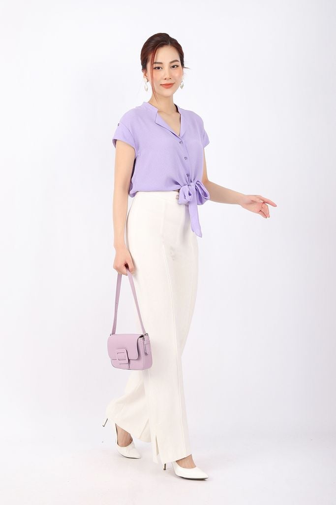 FAS33482 - Áo kiểu công sở vải thô lụa dáng croptop buộc nơ eo cổ kiểu vai chờm tay liền lên gấu - PANTIO