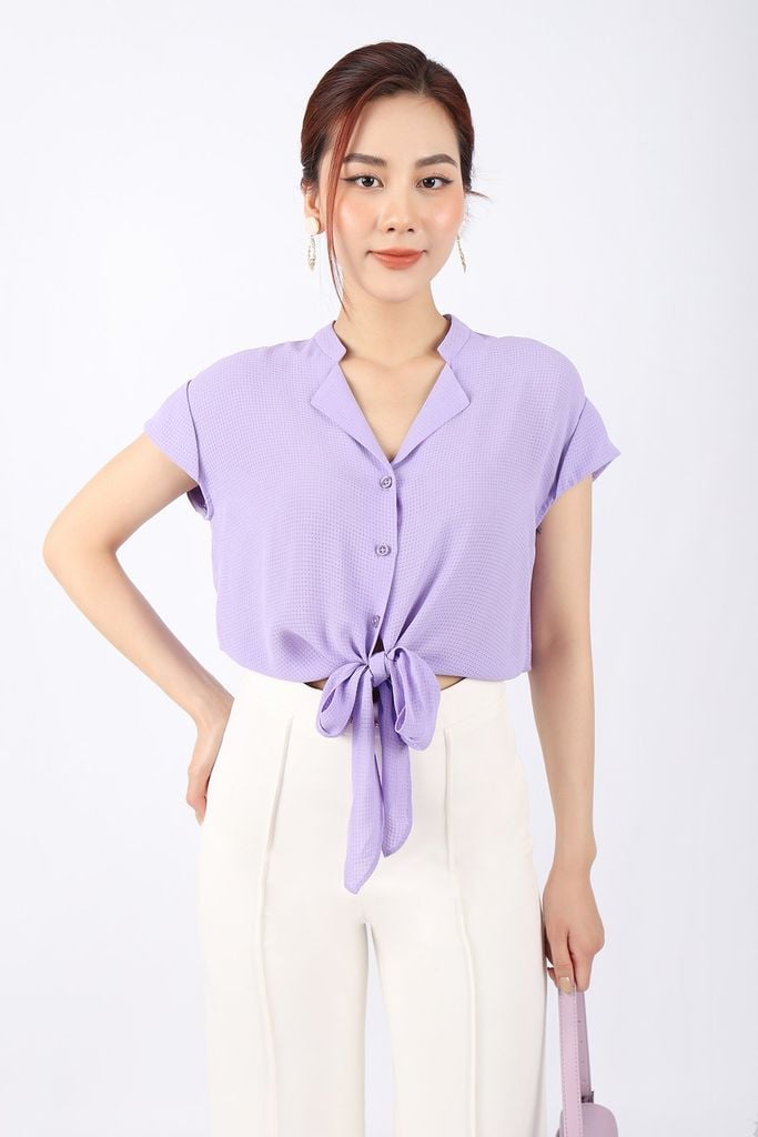 FAS33482 - Áo kiểu công sở vải thô lụa dáng croptop buộc nơ eo cổ kiểu vai chờm tay liền lên gấu - PANTIO