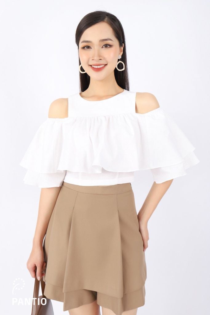 FAS33491 - Áo kiểu dạo phố vải linen dáng croptop vai cut- PANTIO