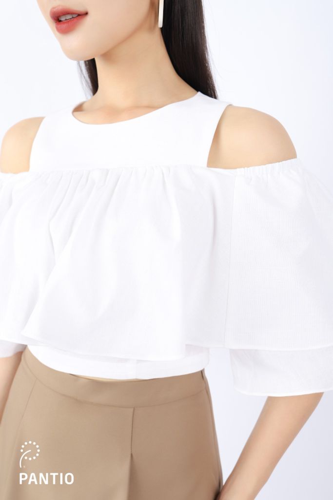 FAS33491 - Áo kiểu dạo phố vải linen dáng croptop vai cut- PANTIO