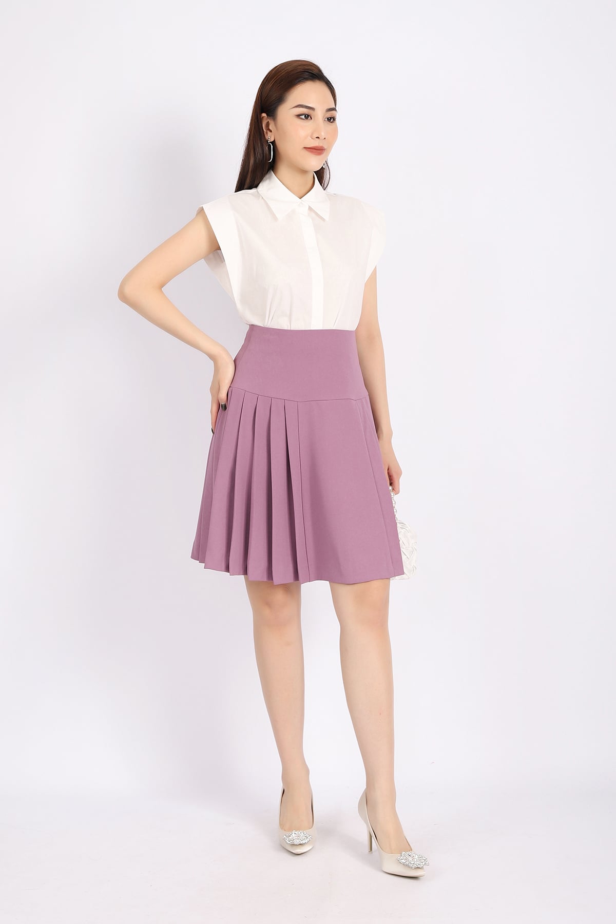 FJN5635 - Chân váy dạo phố vải tuytsi dáng Xoè cạp liền xếp ly bong khóa thân sau - PANTIO