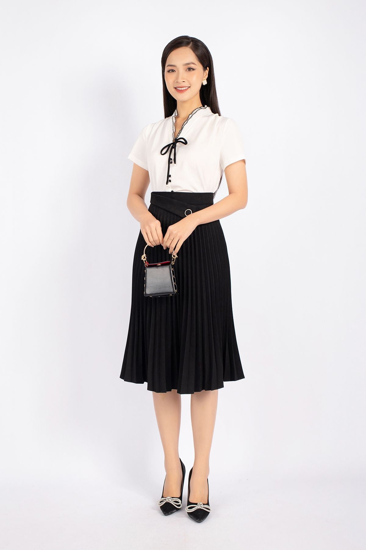 FJD91039 - Chân váy công sở vải thô dáng Xoè rập ly phối đai trang trí khóa thân sau - PANTIO