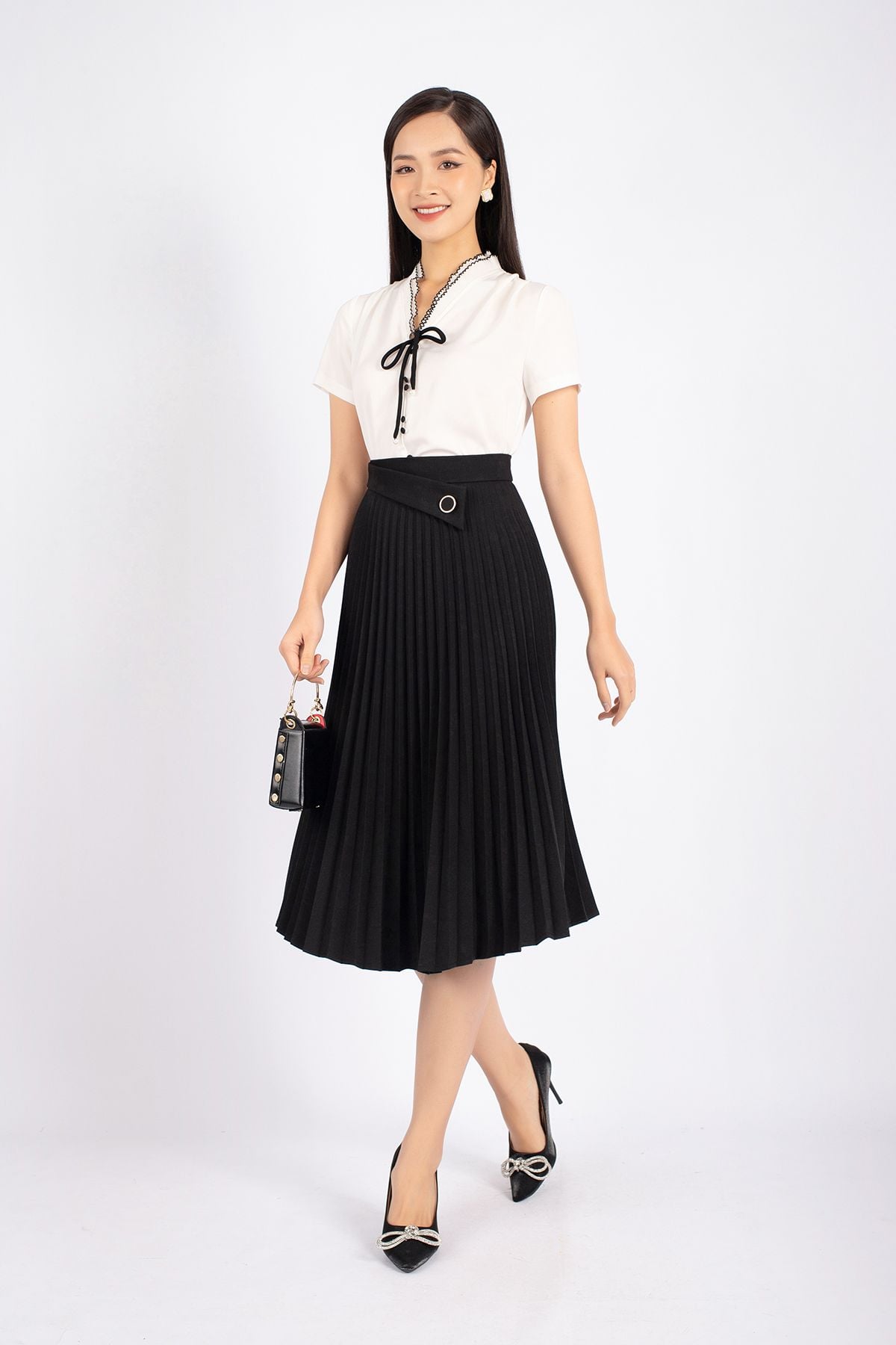 FJD91039 - Chân váy công sở vải thô dáng Xoè rập ly phối đai trang trí khóa thân sau - PANTIO