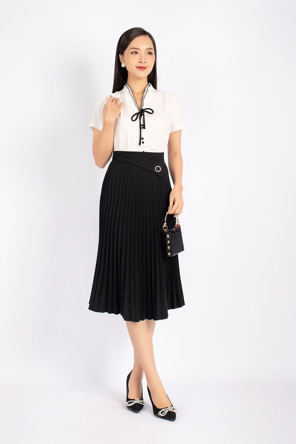 FJD91039 - Chân váy công sở vải thô dáng Xoè rập ly phối đai trang trí khóa thân sau - PANTIO