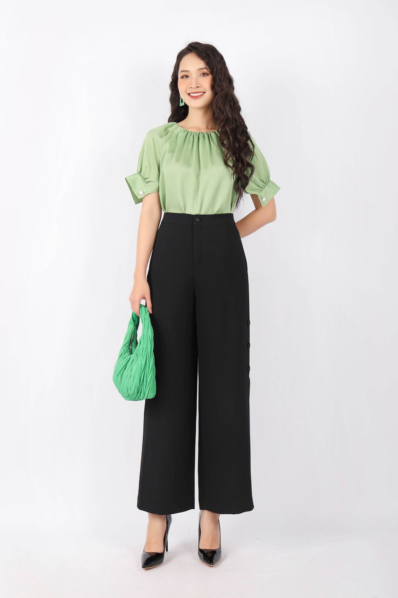 FQD51042 - Quần công sở vải tuytsi dáng suông ống rộng phối cúc hai bên hông xẻ sườn tạo kiểu - PANTIO