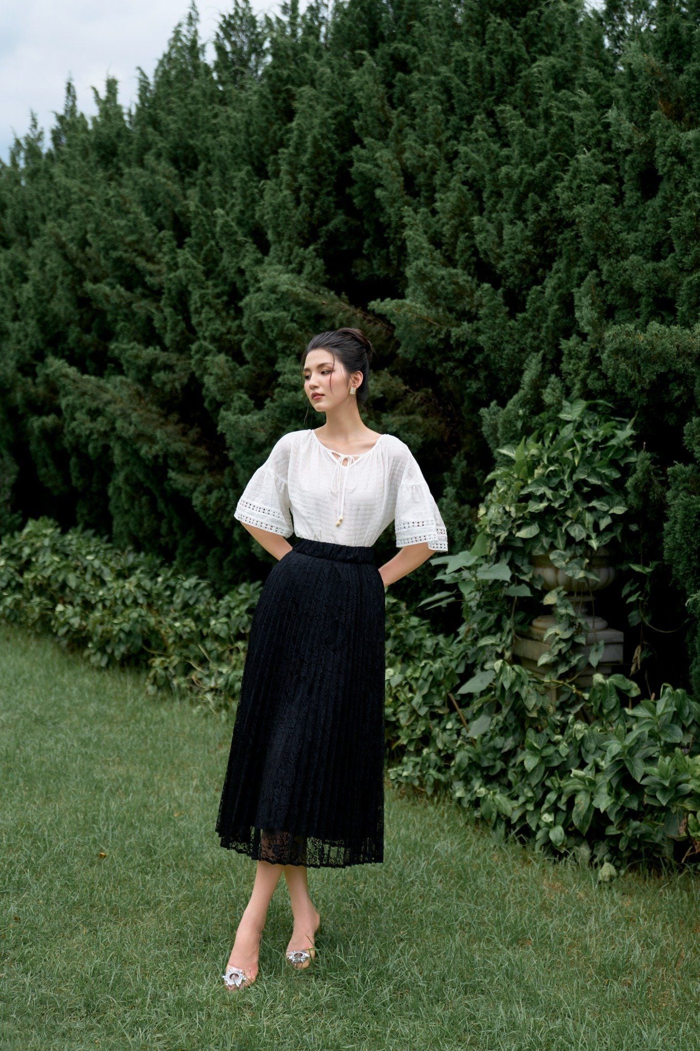 BJD32770 - Chân váy công sở vải ren dáng Xoè cạp chun dài qua gối - PANTIO