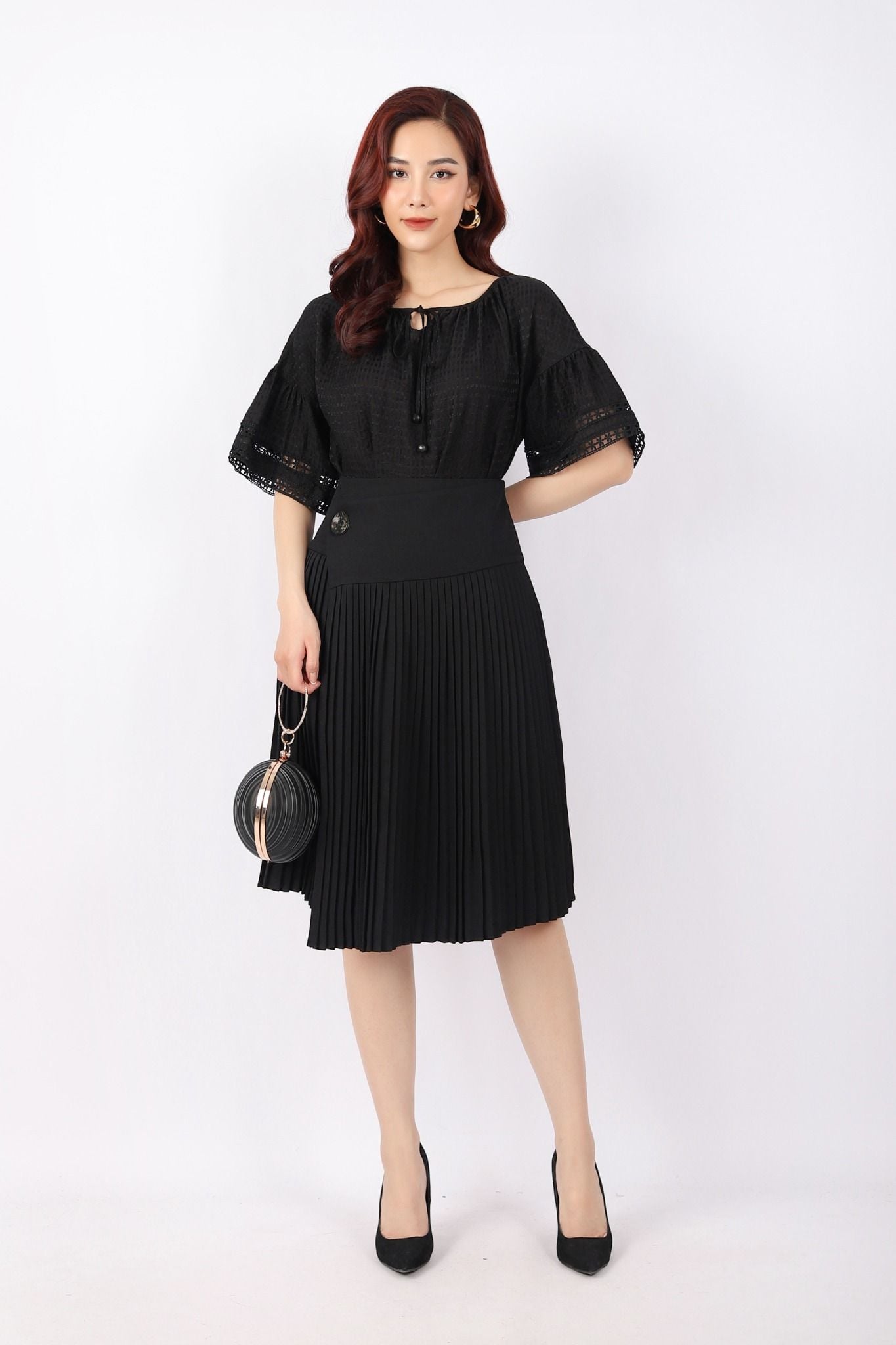 FJD51045 - Chân váy công sở vải thô dáng Xoè cạp liền chân xếp ly phối khuy trang trí khóa thân sau - PANTIO