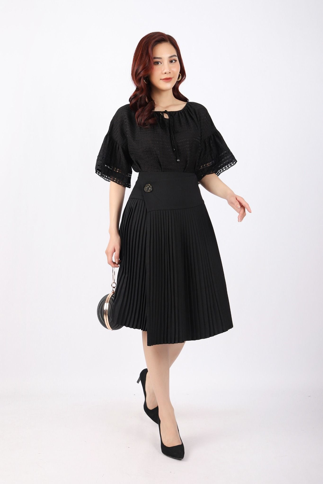 FJD51045 - Chân váy công sở vải thô dáng Xoè cạp liền chân xếp ly phối khuy trang trí khóa thân sau - PANTIO