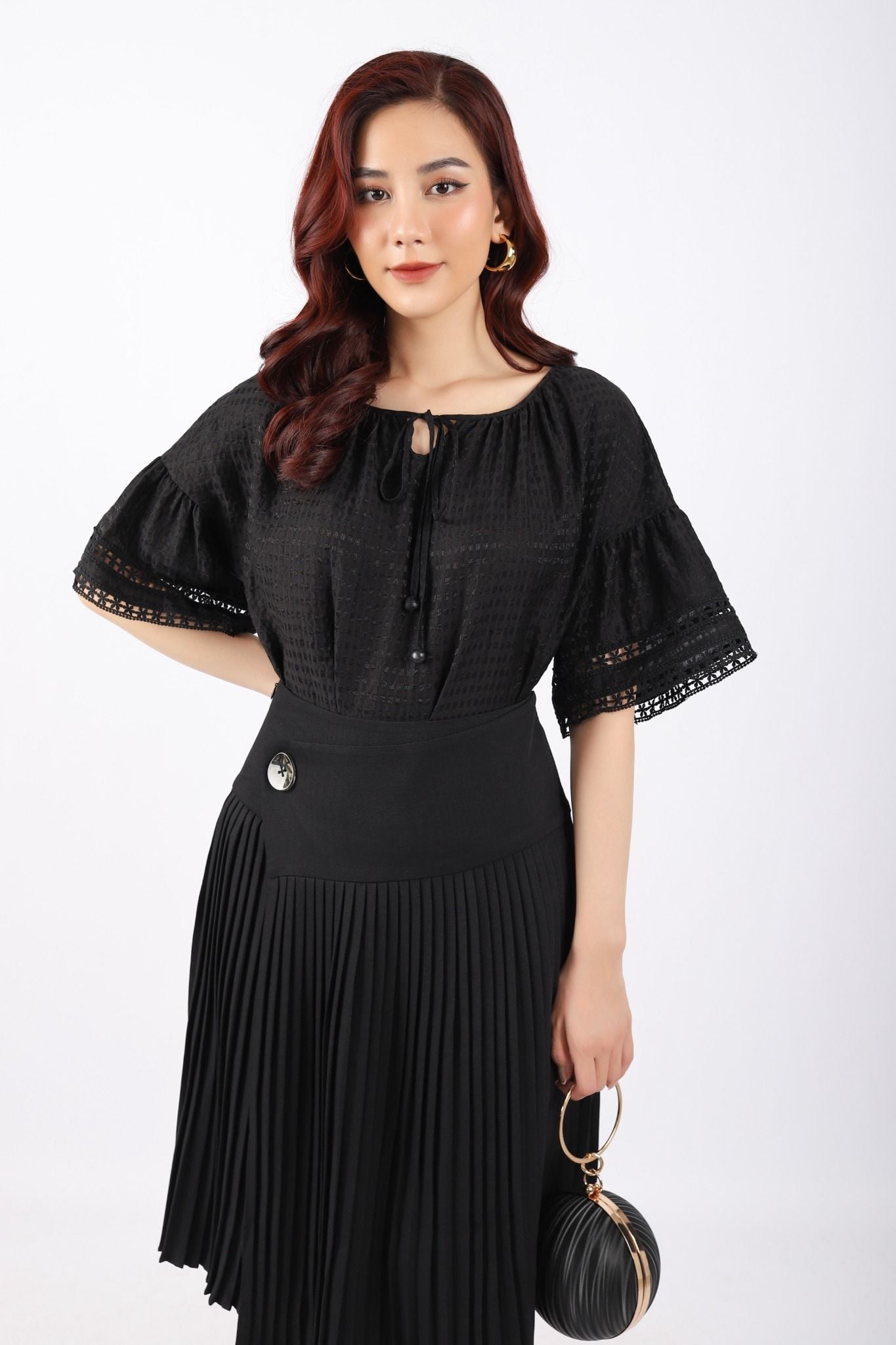 FJD51045 - Chân váy công sở vải thô dáng Xoè cạp liền chân xếp ly phối khuy trang trí khóa thân sau - PANTIO