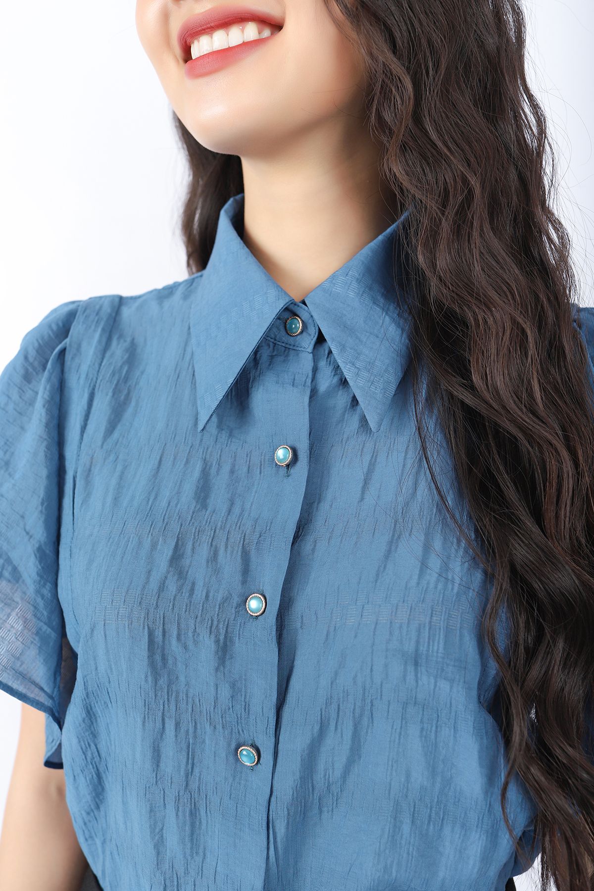 FAS33540 - Áo sơ mi công sở vải thô dáng suông cổ đức cài cúc tay cánh tiên tạo kiểu - PANTIO