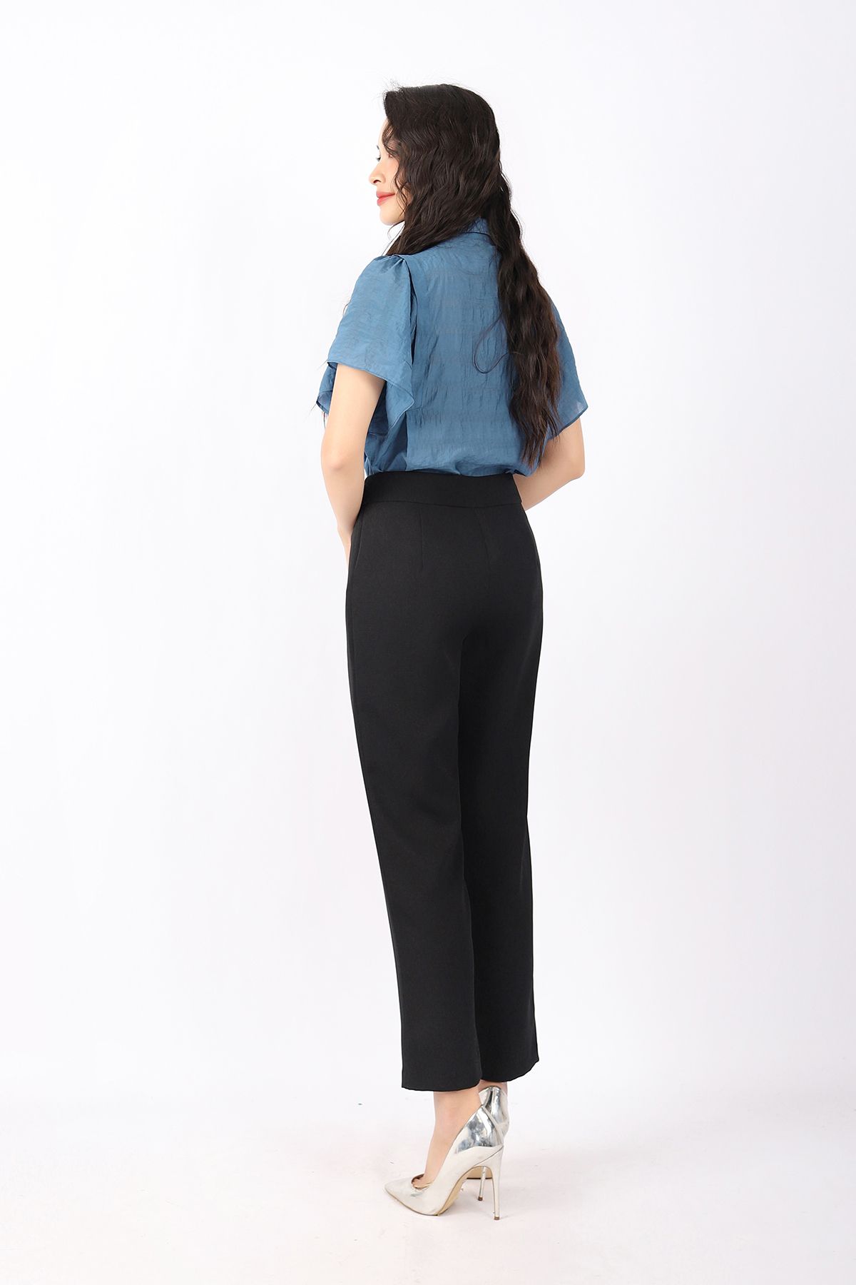 FAS33540 - Áo sơ mi công sở vải thô dáng suông cổ đức cài cúc tay cánh tiên tạo kiểu - PANTIO