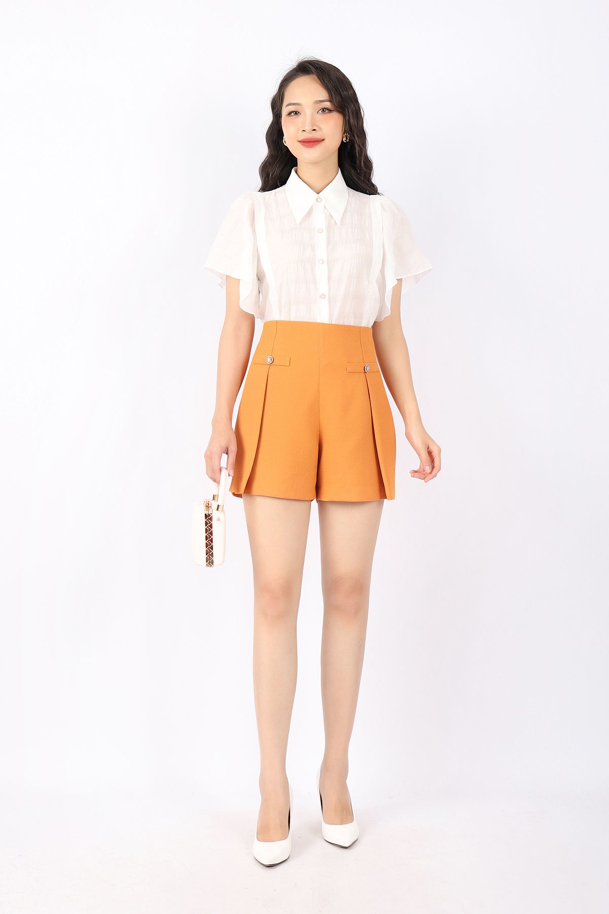 FAS33540 - Áo sơ mi công sở vải thô dáng suông cổ đức cài cúc tay cánh tiên tạo kiểu - PANTIO