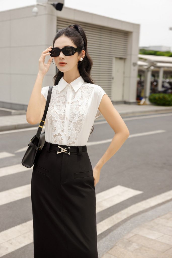 FAS33607 - Áo sơ mi công sở vải lụa dáng suông cổ đức vai chờm thân phối vải ren tạo kiểu - PANTIO