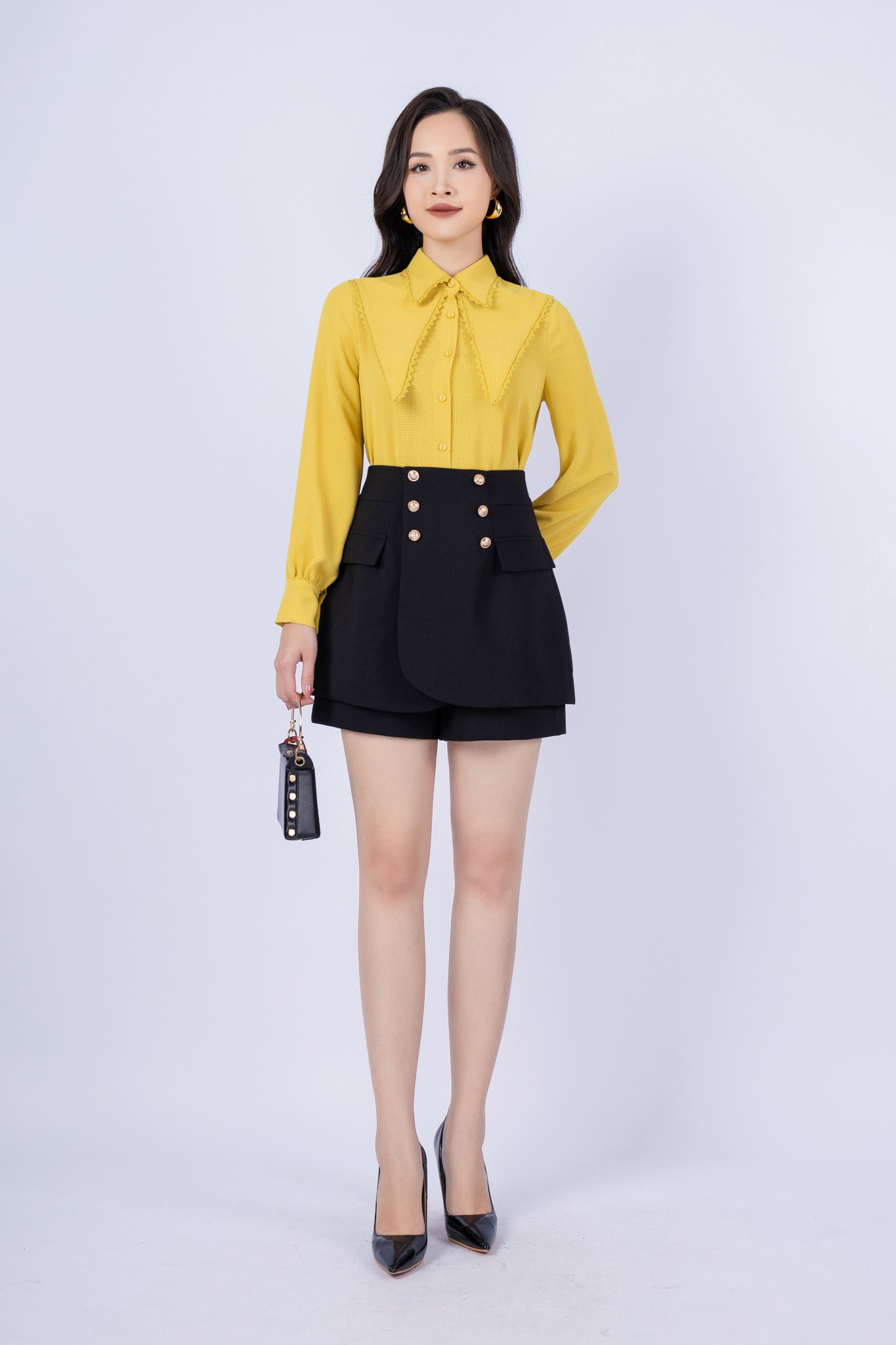 FAS33632 - Áo sơ mi công sở vải thô mỏng dáng suông cổ đức phối thêm vạt tạo kiểu - PANTIO