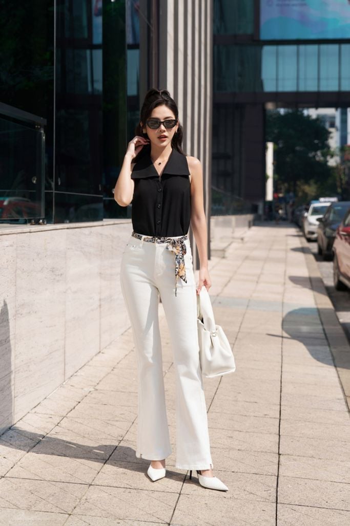 FQB174 - Quần Jean cao cấp vải Denim dáng loe ống vẩy kèm dây vải tạo kiểu - PANTIO