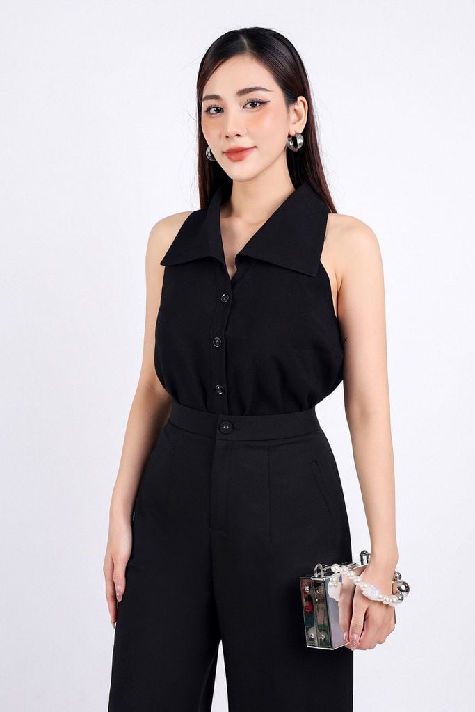 FAS33639 - Áo sơ mi công sở vải tuyp xy dáng suông cổ đức bản to sát nách cài khuy thân trước - PANTIO