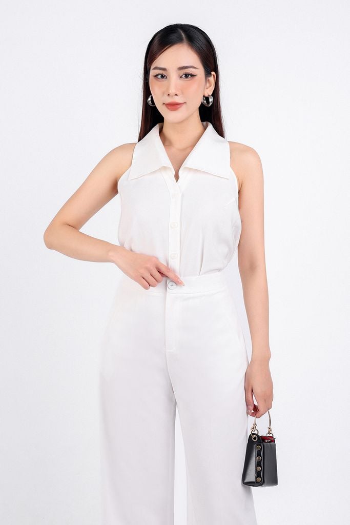 FAS33639 - Áo sơ mi công sở vải tuyp xy dáng suông cổ đức bản to sát nách cài khuy thân trước - PANTIO