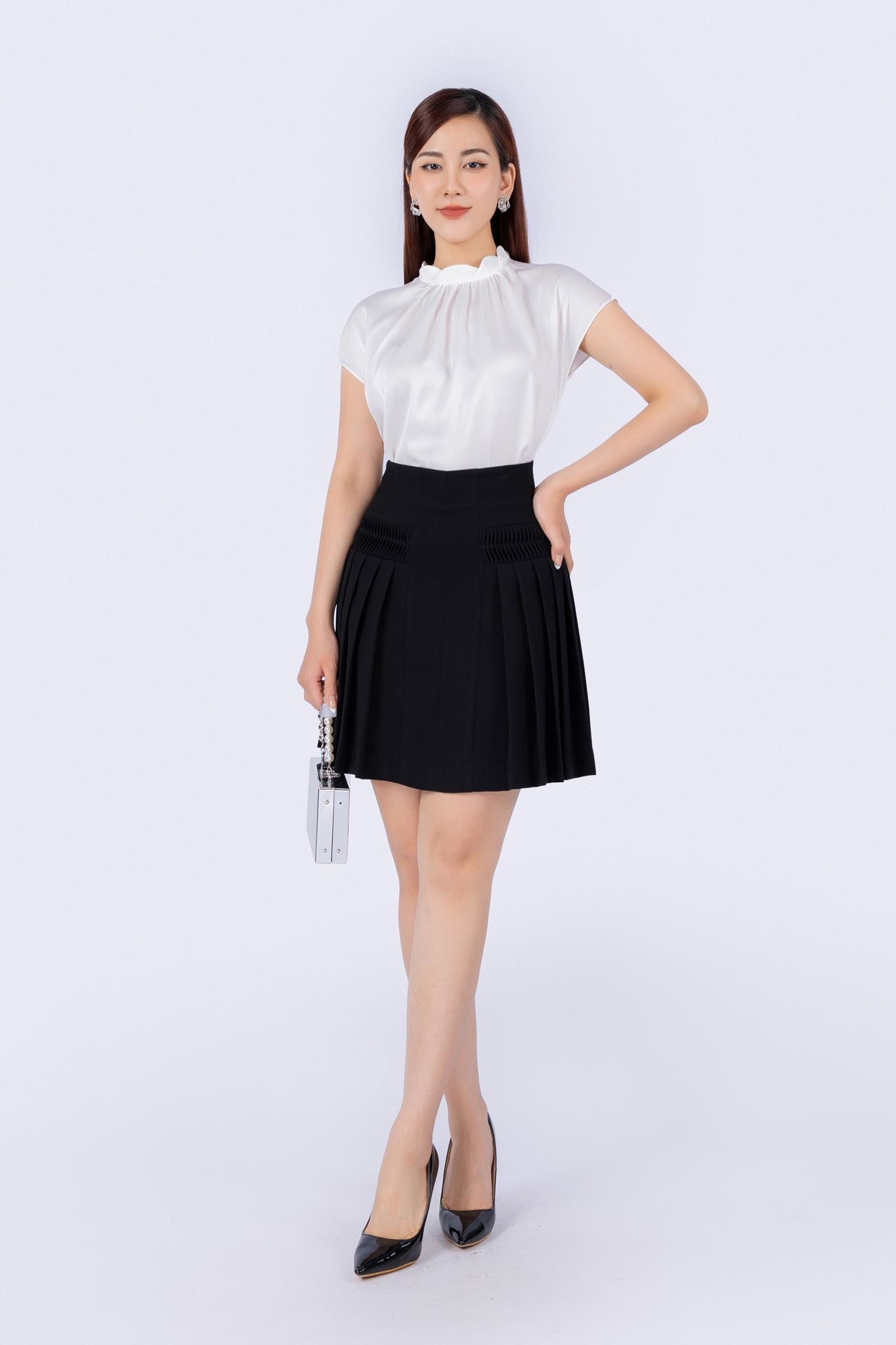 BJN12997 - Chân váy công sở vải thô dáng xòe xếp ly hông tạo kiểu - PANTIO