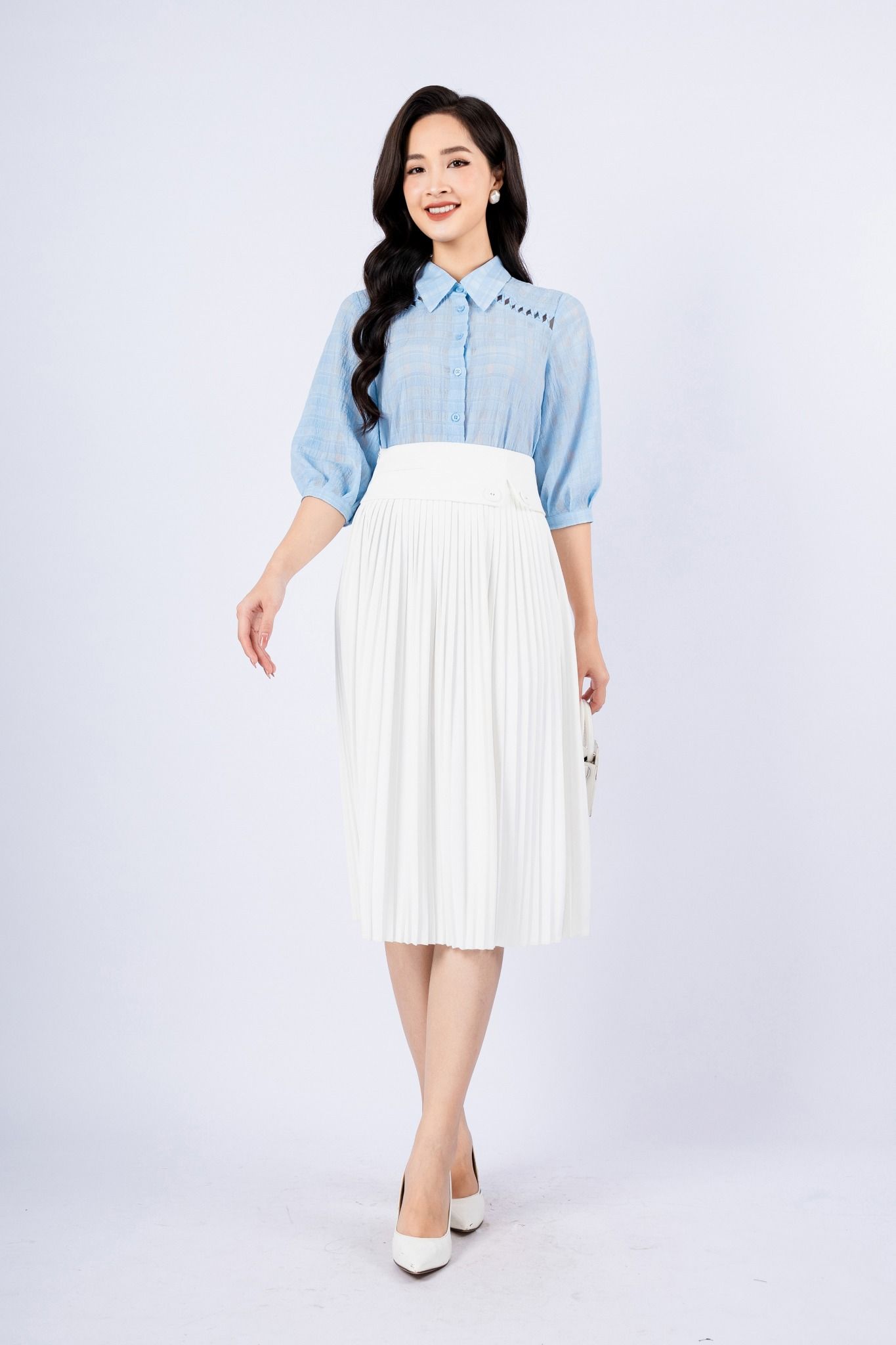 FAS33653 - Áo sơ mi công sở vải chiffont xốp dáng suông cổ đức vai phối dây ren tại kiểu - PANTIO